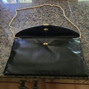 Black Leather Clutch with Gold Chain Shoulder Strap